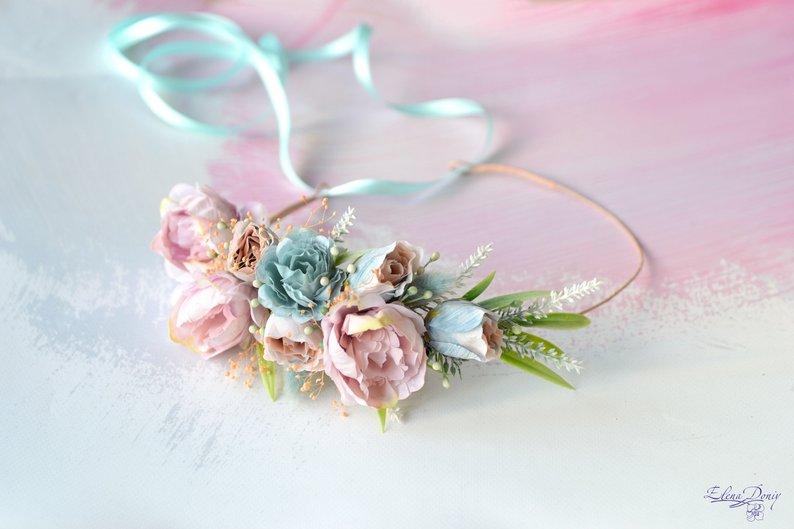 Свадьба - Blue peach flower crown Bridal floral crown Wedding flower crown Bride Boho wedding headband Photo Prop crown blush pink blue