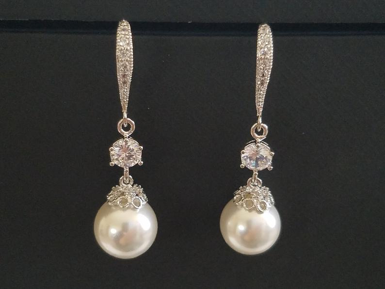 Mariage - Pearl Bridal Earrings, White Pearl Chandelier Earrings, Wedding Pearl Dangle Earrings, Bridal Pearl Silver Earrings, Pearl Bridal Jewelry