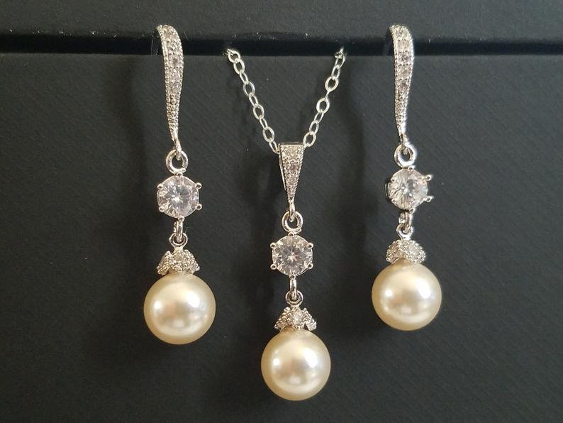 Wedding - CREAMROSE Pearl Bridal Jewelry Set, Swarovski Pearl Silver Jewelry Set, Earrings&Necklace Wedding Set, Bridal Jewelry Set, Wedding Pearl Set