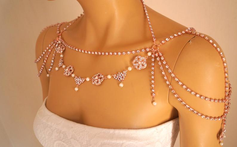 Wedding - Shoulder necklace,Rose gold shoulder necklace,Wedding jewelry,Swarovski crystal,Bridal jewelry,Bridal shoulder necklace,Wedding shoulder
