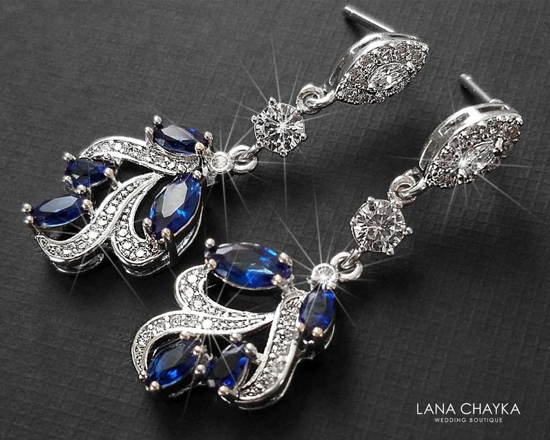زفاف - Bridal Sapphire Earrings, Navy Blue Silver Cluster Earrings, Wedding Floral Cubic Zirconia Earrings, Bridal Dangle Earrings, Bridal Jewelry
