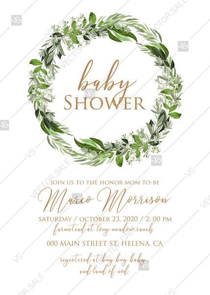Hochzeit - Baby shower invitation watercolor wreath greenery herbal template edit online 5x7 pdf