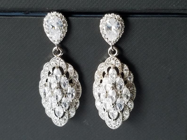 Hochzeit - Cubic Zirconia Bridal Earrings, Marquise Crystal Earrings, Wedding Chandelier Earrings, Sparkly Earrings, Statement Earrings, Bridal Jewelry