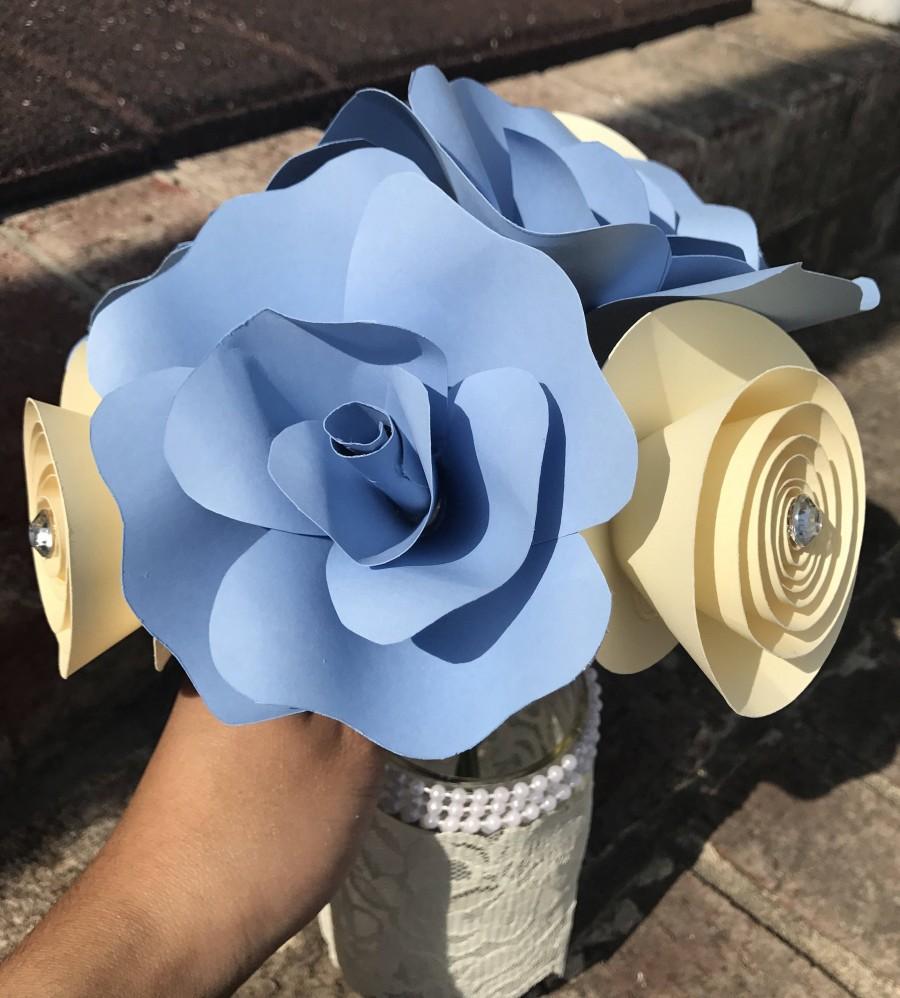 Wedding - Paper Flower Bouquet - Wedding Paper Bouquet - Wedding Bouquet - Paper Flowers - Flower Girl Bouquet - Bridal Bouquet - Blue Ivory Flowers