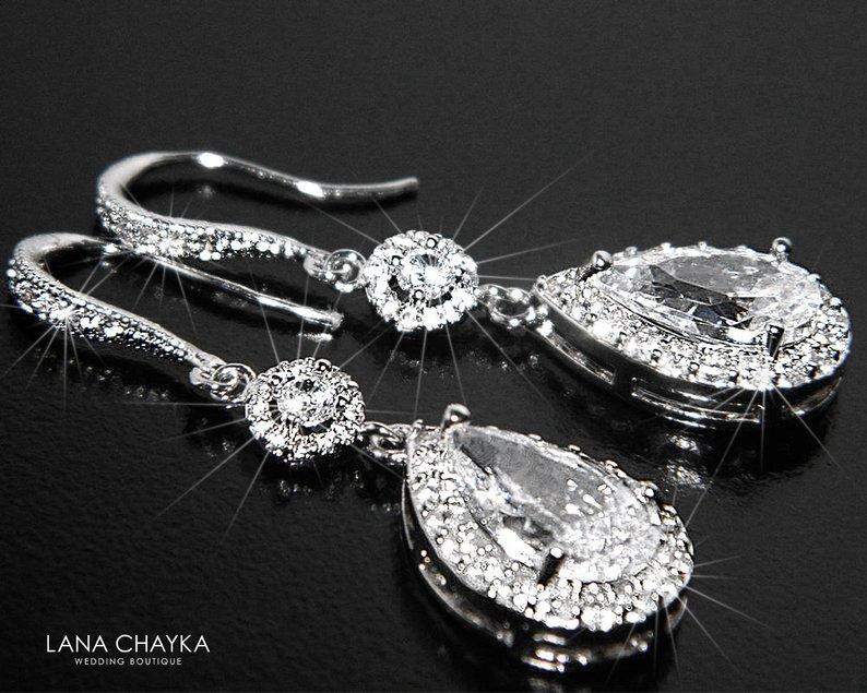 Hochzeit - Bridal Cubic Zirconia Earrings, Teardrop Crystal Wedding Earrings, Chandelier Dangle Earrings, Sparkly Crystal Halo Earrings Prom Jewelry