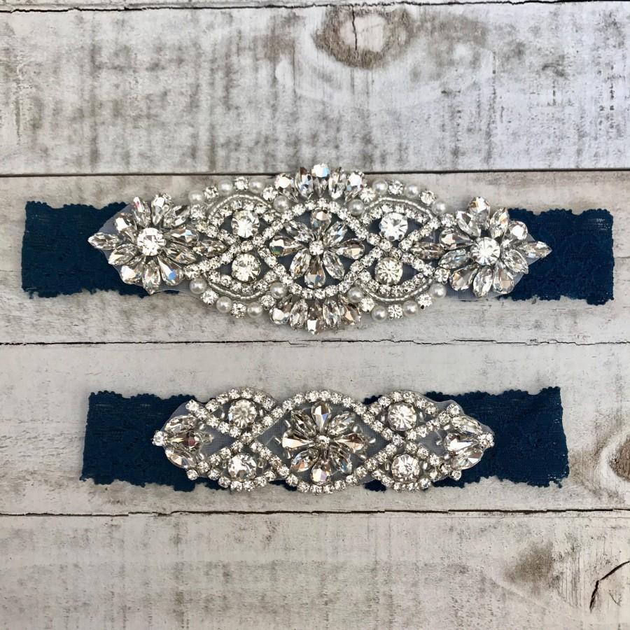Mariage - Something Blue Bridal Garter, navy garter, NO SLIP Lace Wedding Garter Set, bridal garter set, vintage rhinestones NAVY D01S-D02S