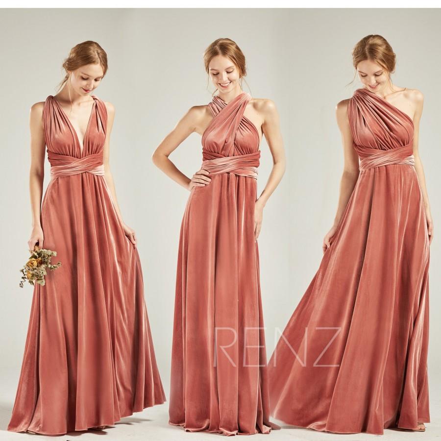 Mariage - Bridesmaid Dress Velvet Long English Rose Wedding Dress V Neck A-line Convertible Straps Infinity Dress (HV763)