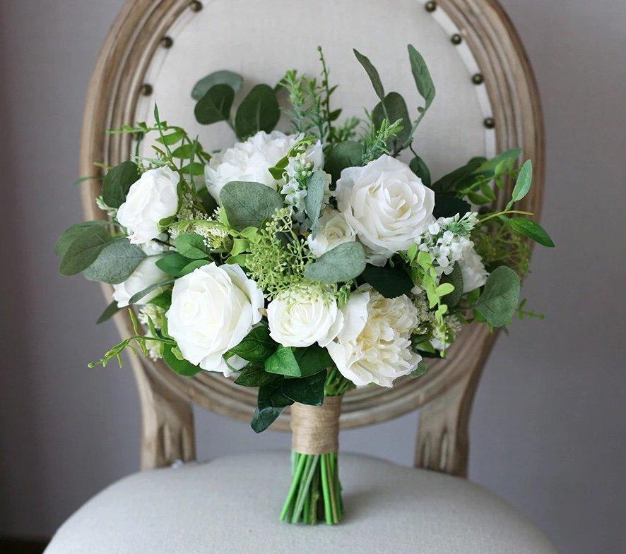 17 Piece Package Silk Flower Wedding Bridal Bouquet Sets SUCCULENT GREEN WHITE