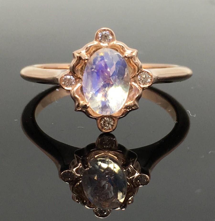 Mariage - Rose Gold Vintage Inspired Moonstone and Diamond Engagement Ring - 14K Rose Gold Victorian Moonstone Ring - Rainbow Moonstone Promise Ring