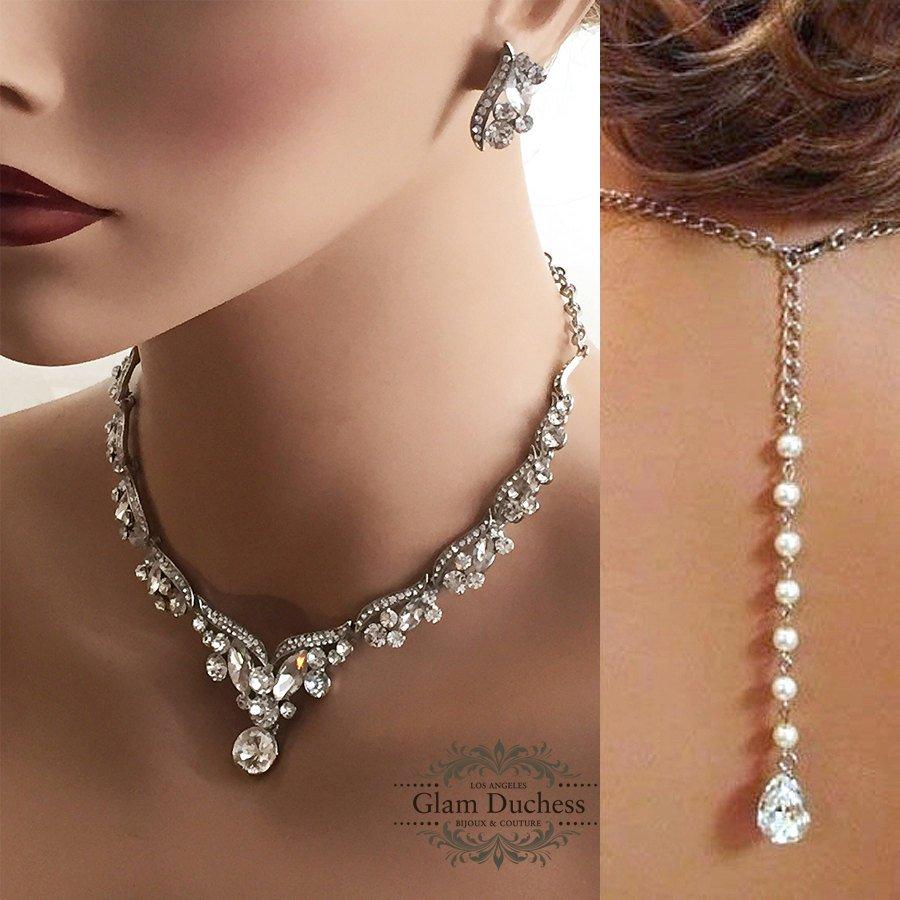 Hochzeit - Bridal jewelry set, wedding jewelry, Bridal back drop necklace ,crystal jewelry, pearl jewelry,bridesmaid jewelry, Bridal necklace earrings