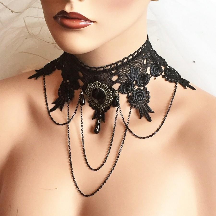 Mariage - Wedding jewelry, choker collar necklace, vintage inspired Victorian black lace necklace, Gothic wedding choker, Ballroom necklace jewelry