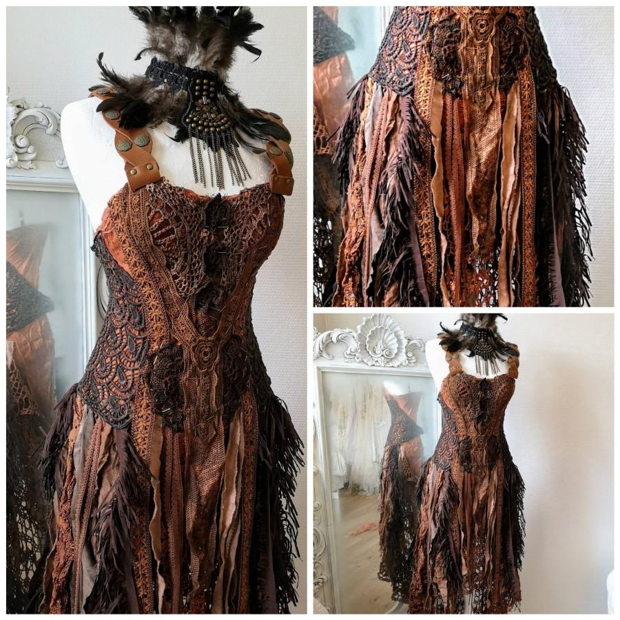 زفاف - Free spirited dress in burnt orange, Boho dress tattered look , Warrior outfit ,