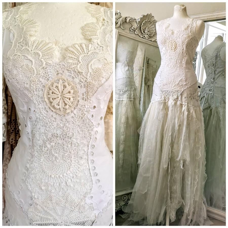 Свадьба - Boho wedding dress pure white, one of a kind , antique lace, bridal gown unique