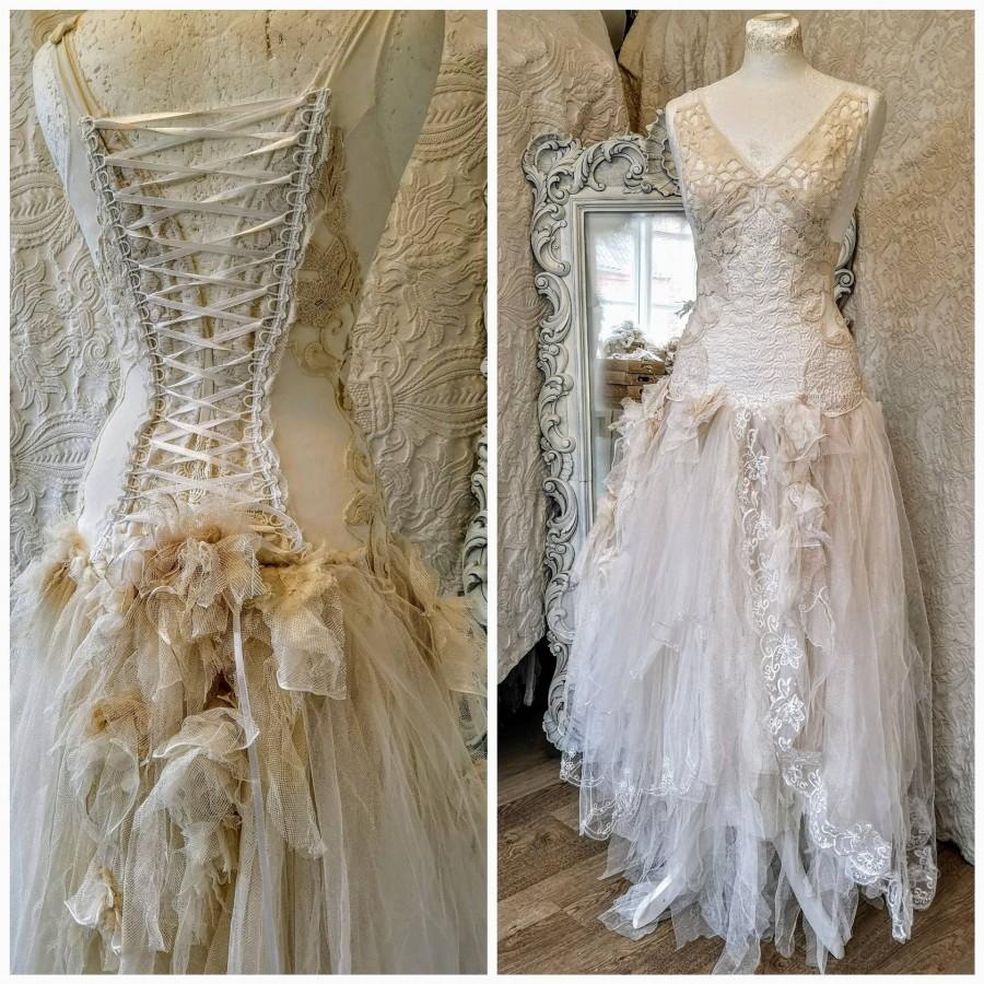 Mariage - Bohemian wedding dress with roses ,bridal gown lace,boho wedding ,antique french lace,pearls,Victorian weddingdress, handmade