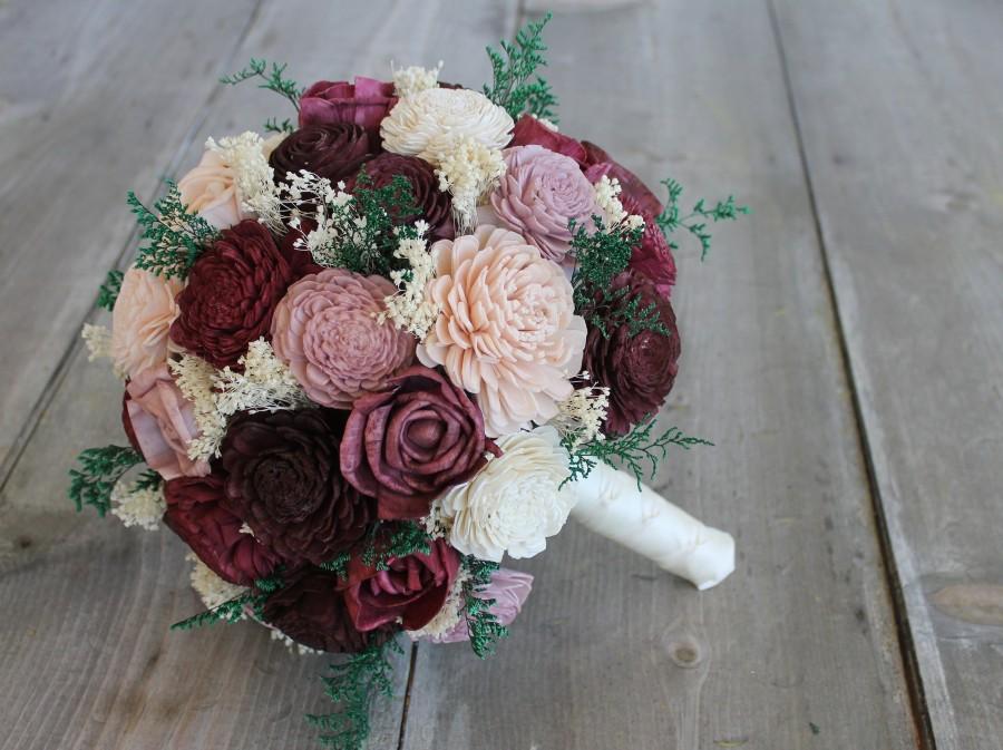 Wedding - Wine, Sangria, Blush Pink, Antique Mauve, Dusty Purple, & Ivory Sola Wood Bouquet, Wine Sola Bouquet, Pink Sola Bouquet, Wood Flower Bouquet