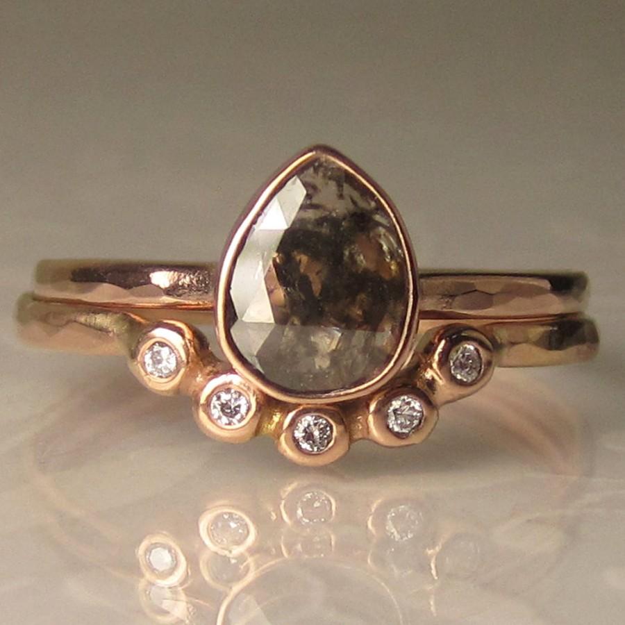 زفاف - Salt and Pepper Rose Cut Diamond Engagement Ring, 14k Rose Gold Diamond Ring, Hammered Rose Cut Diamond Wedding Set