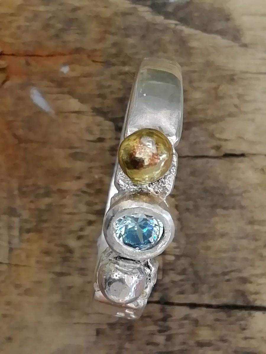 Hochzeit - Ring Handmade Silver and Gold Stamped  set with Turquoise Cubic Zircon by MidasTouch Jewels in Wales