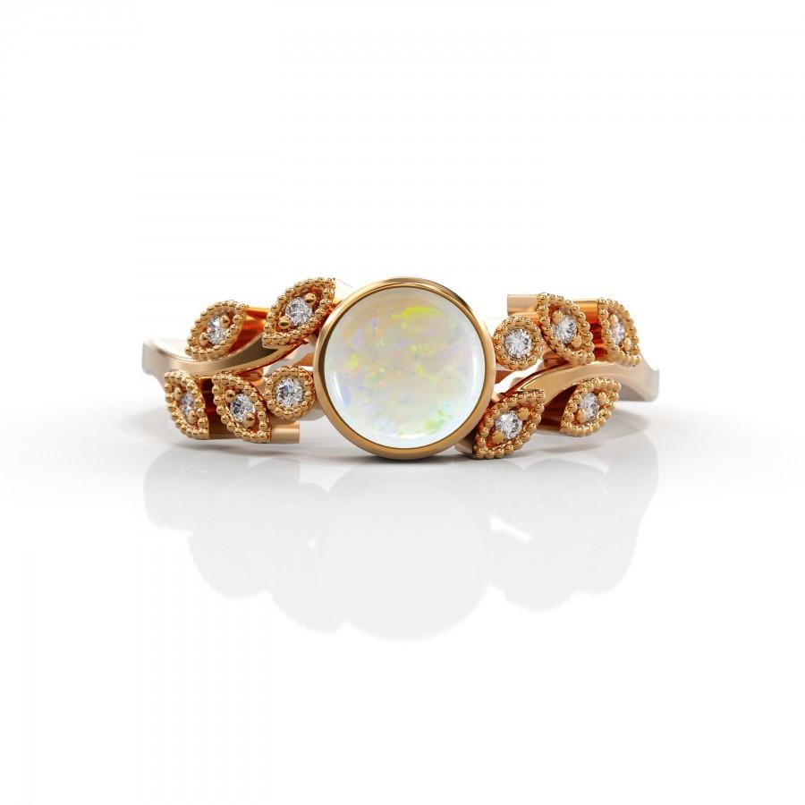 زفاف - 14k opal ring leaf diamond engagement ring Opal diamond ring October birthstone ring gold Promise Ring Women's White Opal Ring gift