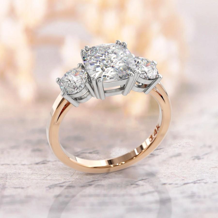 Hochzeit - Meghan ring cushion cut engagement ring 3 stone ring 2.5ct Cushion Cut Moissanite Center Stone & 1.0  ct sided Moissanite  stones 14k gold