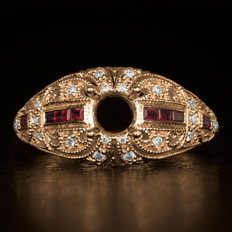 زفاف - Vintage Inspired Diamond Red Ruby 5mm Round Engagement Ring Setting 14K Rose Gold 7669-RG-RB