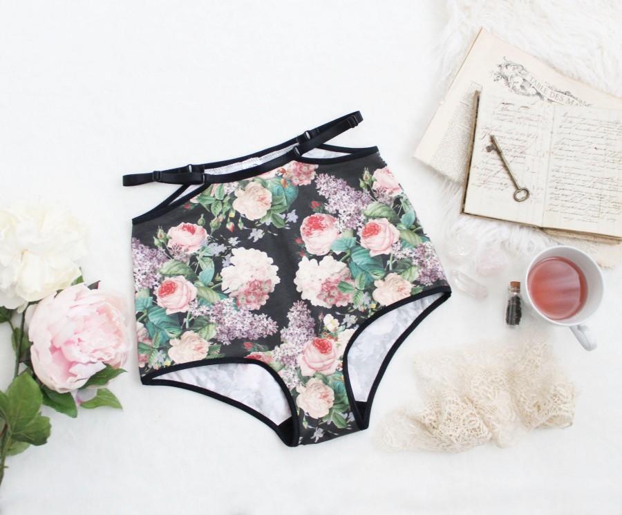 Wedding - Victorian Cabbage Rose Floral 'Nightshade' Black Cotton High Waist Panties with Sexy Cut Out Strappy Detail