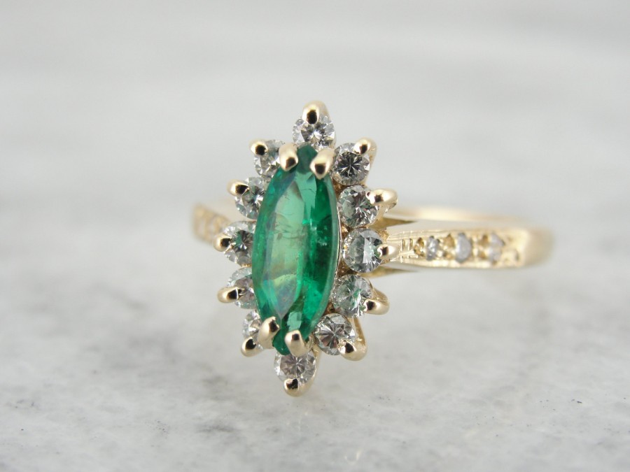 زفاف - Cat's Eye Marquise Cut Green Emerald, Ladies Halo Ring XTMEK6-P
