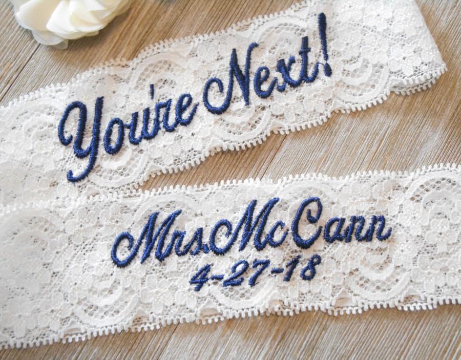 Mariage - Wedding Garter 4 lace colors MONOGRAMMED With Date  Bridal Garter Floral Stretch Lace Bridal Garter Single Garter