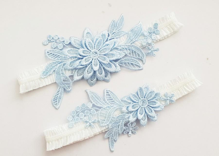زفاف - Floral baby blue embroidered wedding bridal garter set - White blue - Wedding accessories 