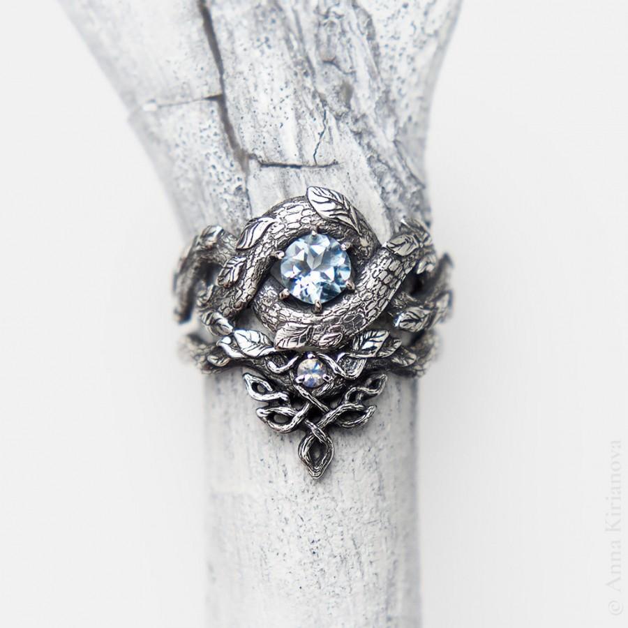 زفاف - Blue Dragon Ring Set, Topaz + Moonstone Engagement Ring, Bridal Set, Fantasy Wedding Ring for Women, Mermaid, Nature Ring, 2 Rings Set