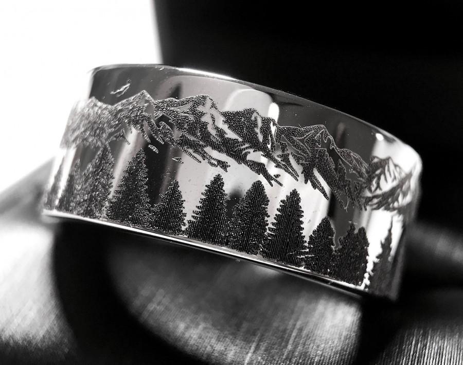 زفاف - Fir Trees and Mountains Pattern Engraved Tungsten Ring, Wedding Band, Engagement Ring, Mens and Women Anniversary Ring, Mens Gift, 8mm, 10mm
