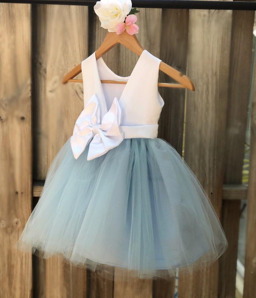 Mariage - Dusty Blue Flower Girl Dress, Elegant Satin Tulle Flower Girl Dresses, Party Girl Dress, Baptism Girl Dress