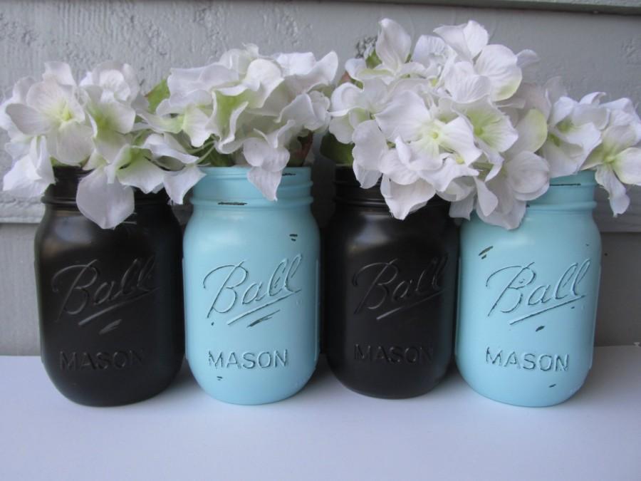 زفاف - Painted and Distressed Ball Mason Jars- Black and Turquoise-Set of 4-Flower Vases, Rustic Wedding, Centerpieces