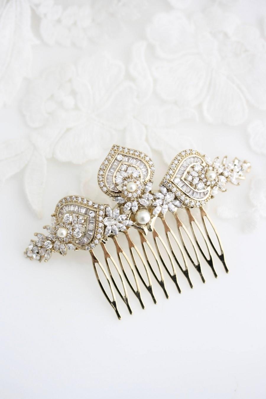 Mariage - Gold Bridal Hair Comb Gold Wedding Headpiece Crystal Hair Comb Yellow Gold Wedding Hair Clip Art Deco Bridal Hair Accessories EVIE L