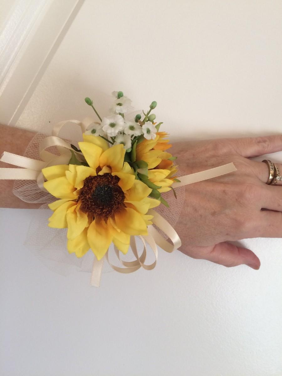 زفاف - chose color ribbon tulle sunflower wrist corsage prom wedding white ivory navy red yellow turquoise black teal pink purple burgundy