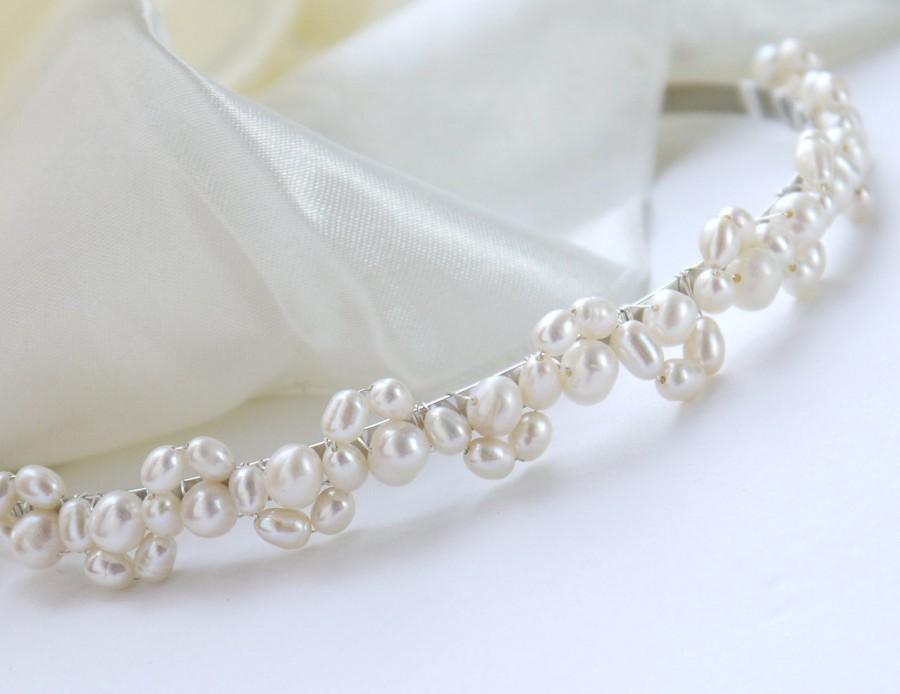 Hochzeit - freshwater pearl headband ivory rice and round pearl silver tiara alice band headband lace design for bride, wedding
