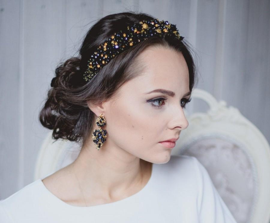 زفاف - Beaded headband Black Gold crystal crown and earrings, Queen Crown, Bridal Headband, Gold Bridal Crown,Black Tiara