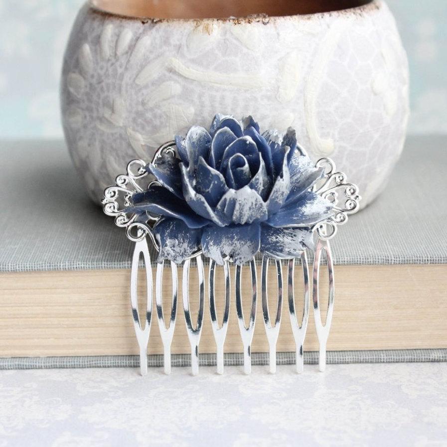 Hochzeit - Navy and Silver Rose Comb Big Flower Hair Comb Modern Romantic Glam Bridal Hair Piece Womens Accessories Winter Wedding Bridesmaids Gift