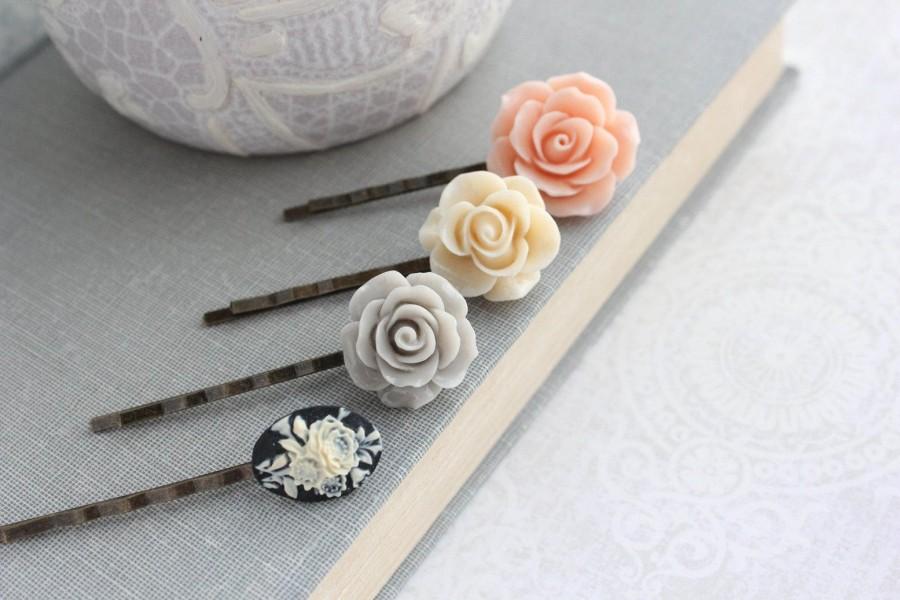 Wedding - Peach Rose Bobby Pins, Flower Bobby Pin, Cameo Bobbies, Floral Hair Accessories, Set of Four, Vintage Style, Dove Grey Rose, Black Cameo