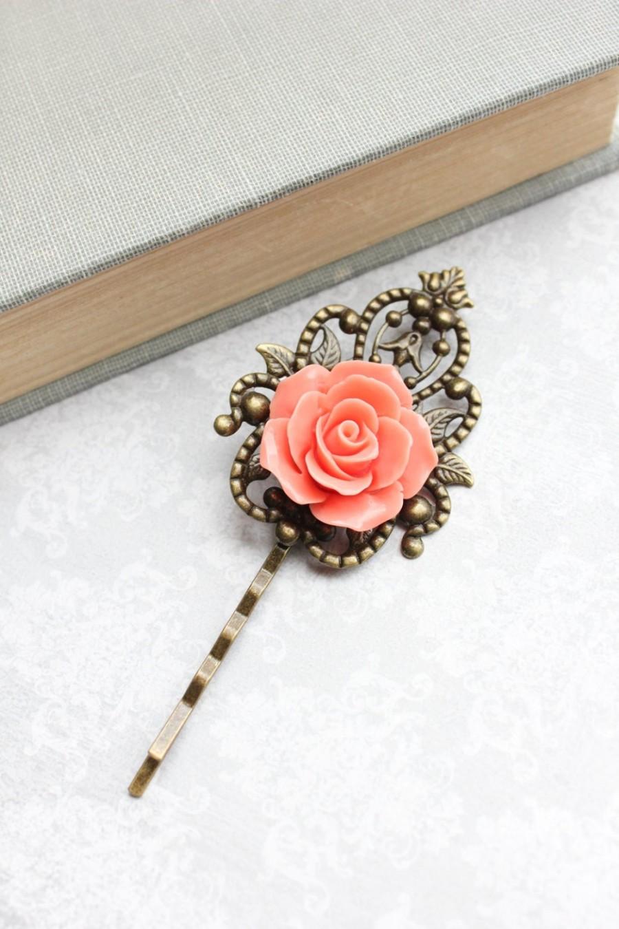 Hochzeit - Bridal Hair Pins Coral Rose Bobby Pins Vintage Style Bridesmaid Gift Romantic Antique Brass Filigree Colorful Spring Wedding Roses for Hair