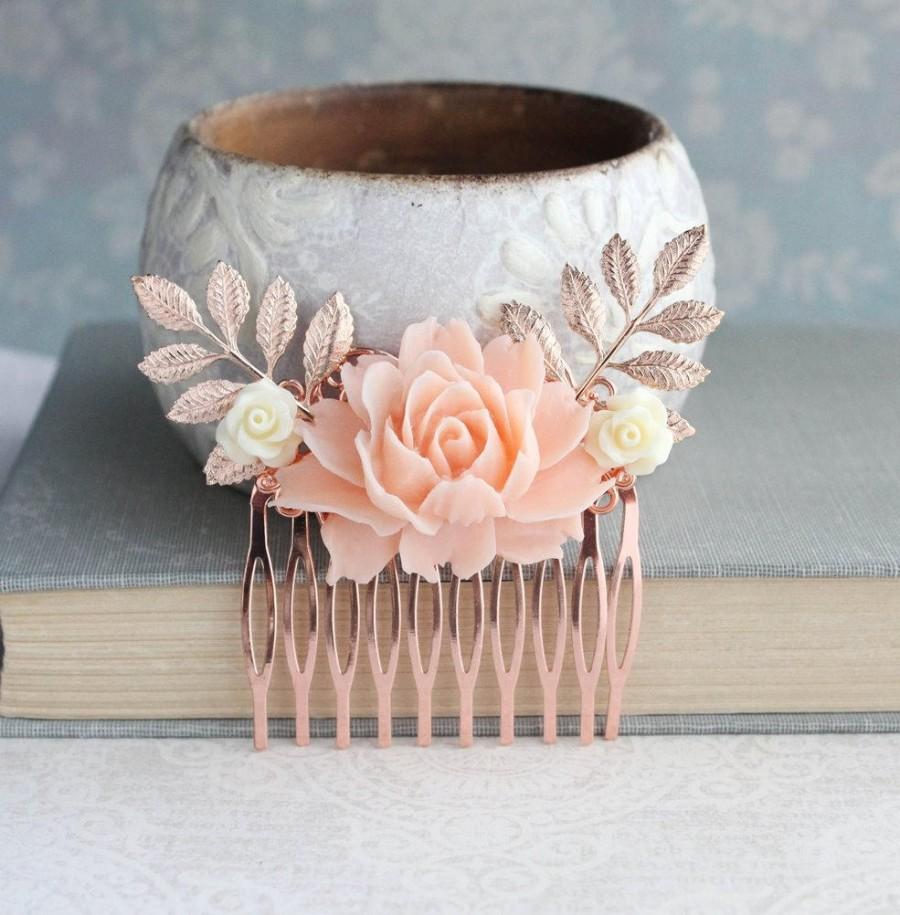 Hochzeit - Peach Rose Comb, Bridal Hair Comb, Rose Gold Branches, Rose Gold Comb, Floral Collage Comb, Bridal Hair Piece Roses and Leaves Peach Wedding