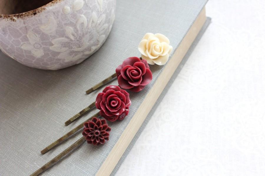Wedding - Deep Red Rose Bobby Pins Maroon Red Chrysanthemum Dahlia Hair Clips Bridesmaids Gift Set of Four Fall Wedding Christmas Gift For Her