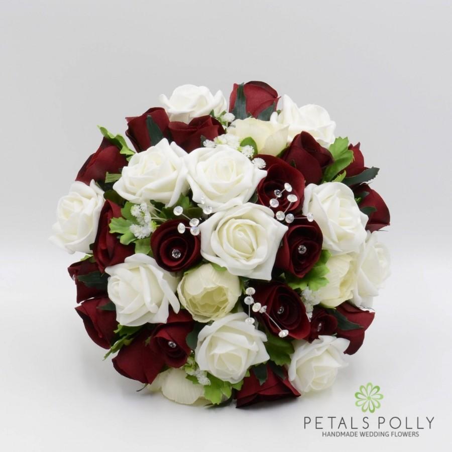 زفاف - Artificial Wedding Flowers, Burgundy & Ivory Brides Bouquet Posy with Ranunculus