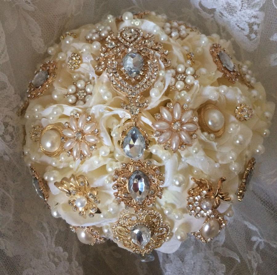 Mariage - Rose Gold Brooch Bouquet, Ivory Wedding Flowers, Bridal Bouquets