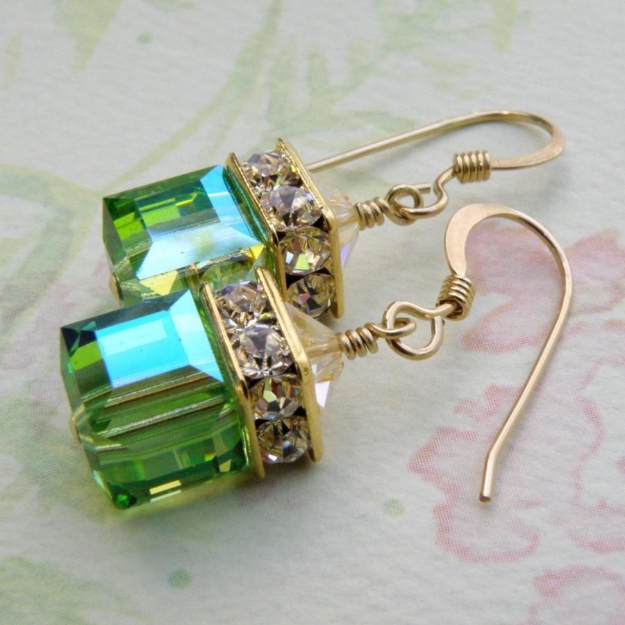 Mariage - Peridot Green Earrings, Peridot Swarovski Crystal Cube, Gold Filled, Drop Earrings, Bridesmaid Wedding Jewelry, August Birthday Birthstone