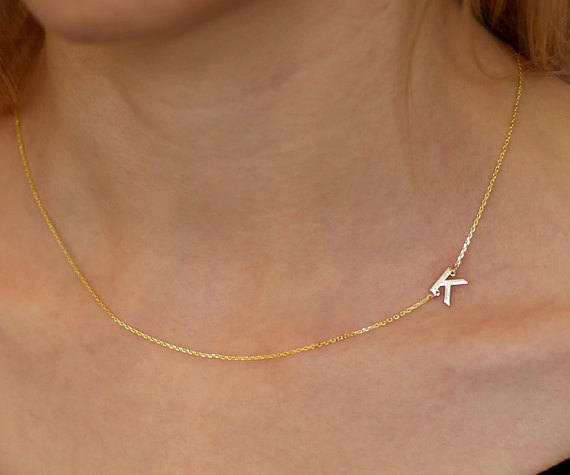 زفاف - 14k Solid Gold Initial Necklace-Sideways Initial Necklace-Bridesmaid Gift-Initial Jewelry-Letter Necklace-Personalized Necklace-Mom Necklace