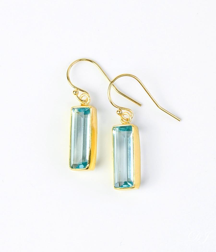 Свадьба - Adira Blue Topaz Bar Drop Earrings, Gold Dangle Earrings, December Birthstone Jewelry, Statement Gemstone Bar Earrings Unique vertical bar