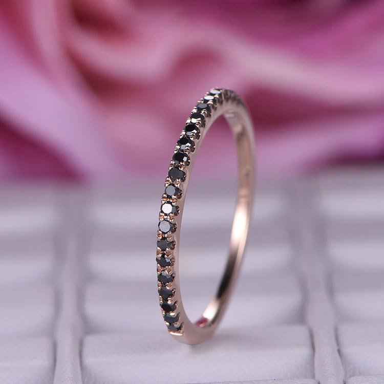Wedding - SALE! Black Diamond matching band in 14k rose gold/wedding ring/stacking wedding band/Round cut diamond ring/Petite pave anniversay ring