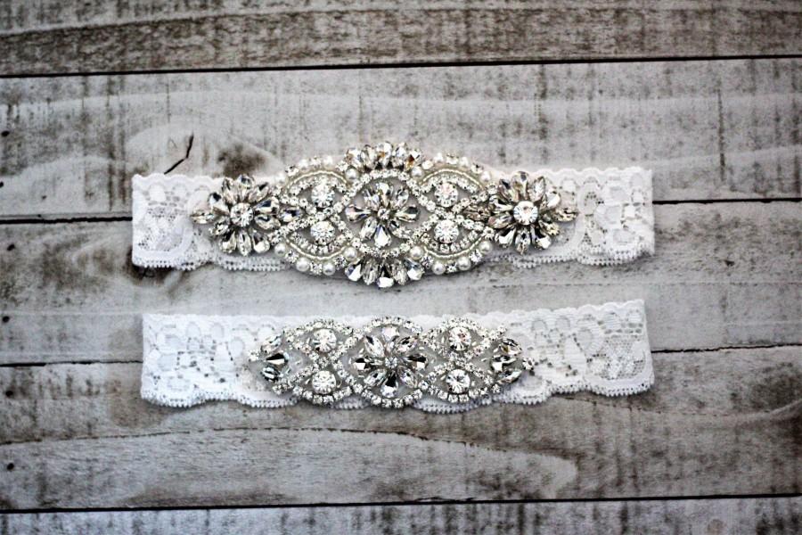 Hochzeit - White Lace Wedding Garter Set, bridal garter set, vintage rhinestones, pearl and rhinestone garter set C01S-C02S
