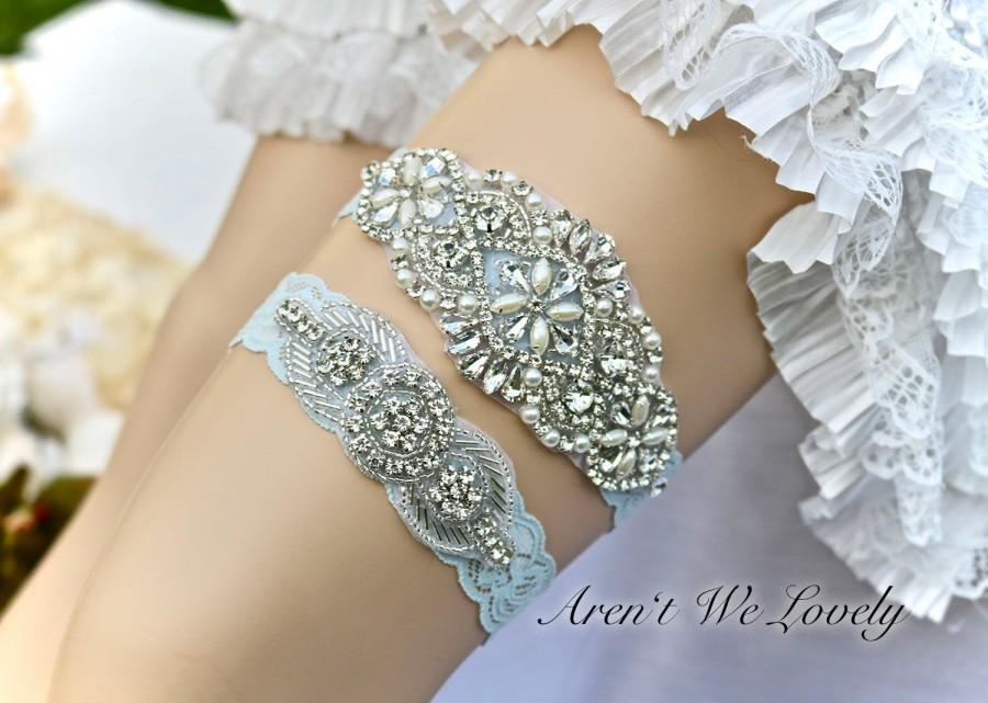 Hochzeit - Light blue garter, bridal garter, No slip garter, light blue garter belt, something blue, crystal garter, pearl garter, keepsake garte