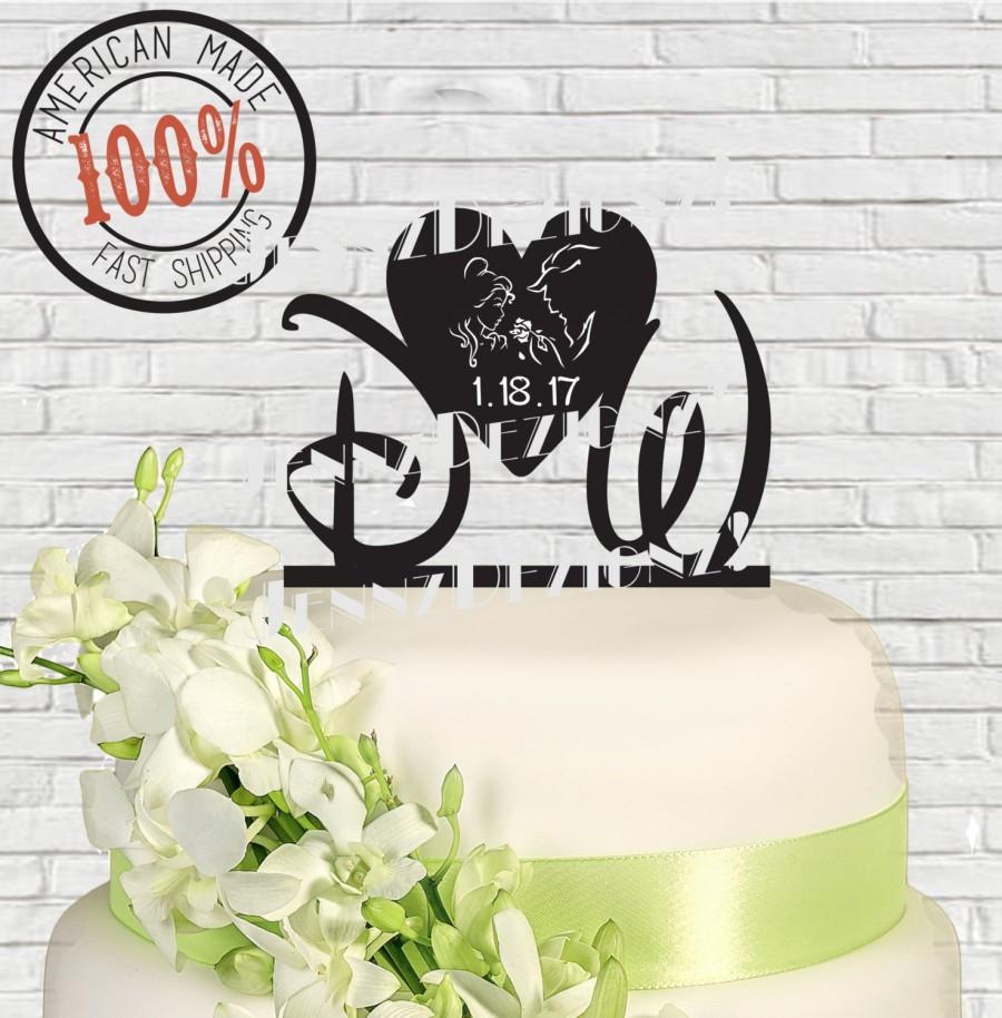 زفاف - Initials and Beauty and the Beast With Date Engraved Solid Heart Wedding Cake Topper #CTI004 Made in USA